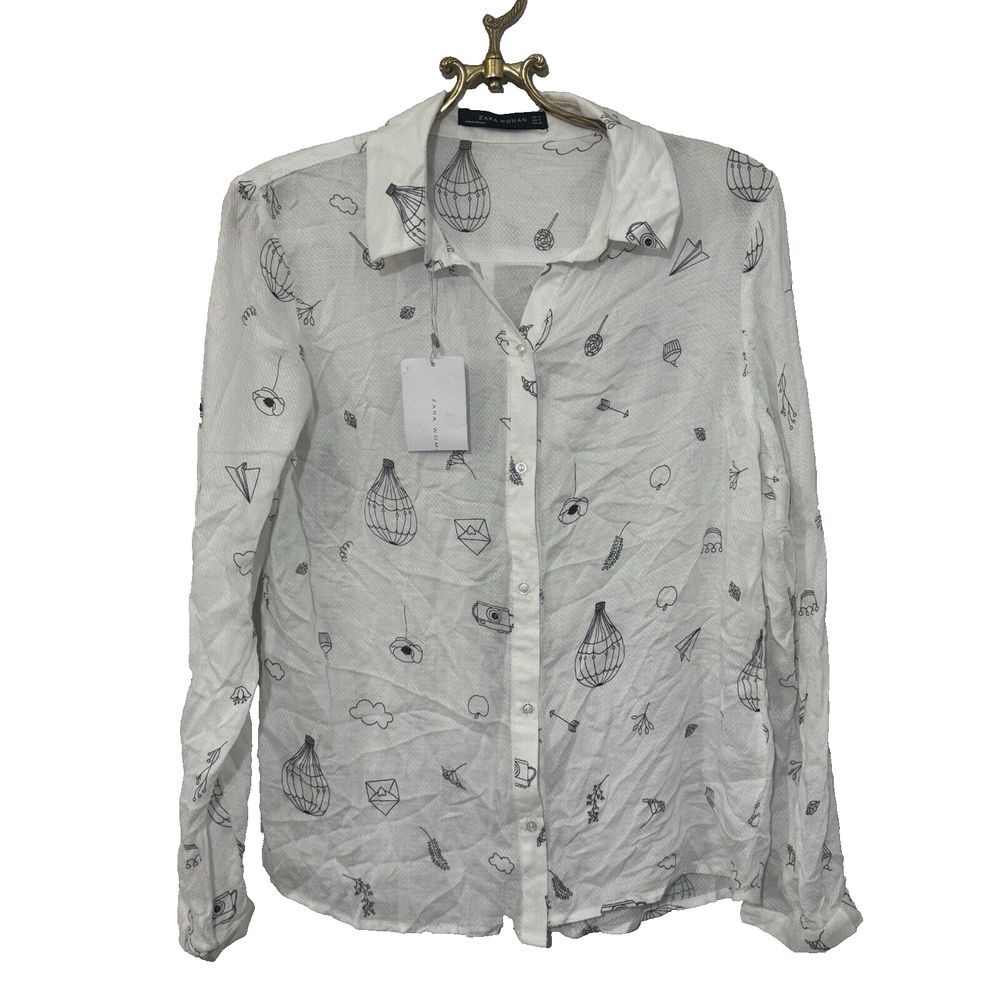 Zara White Sheer Button-Up Blouse with Black Sketch Print